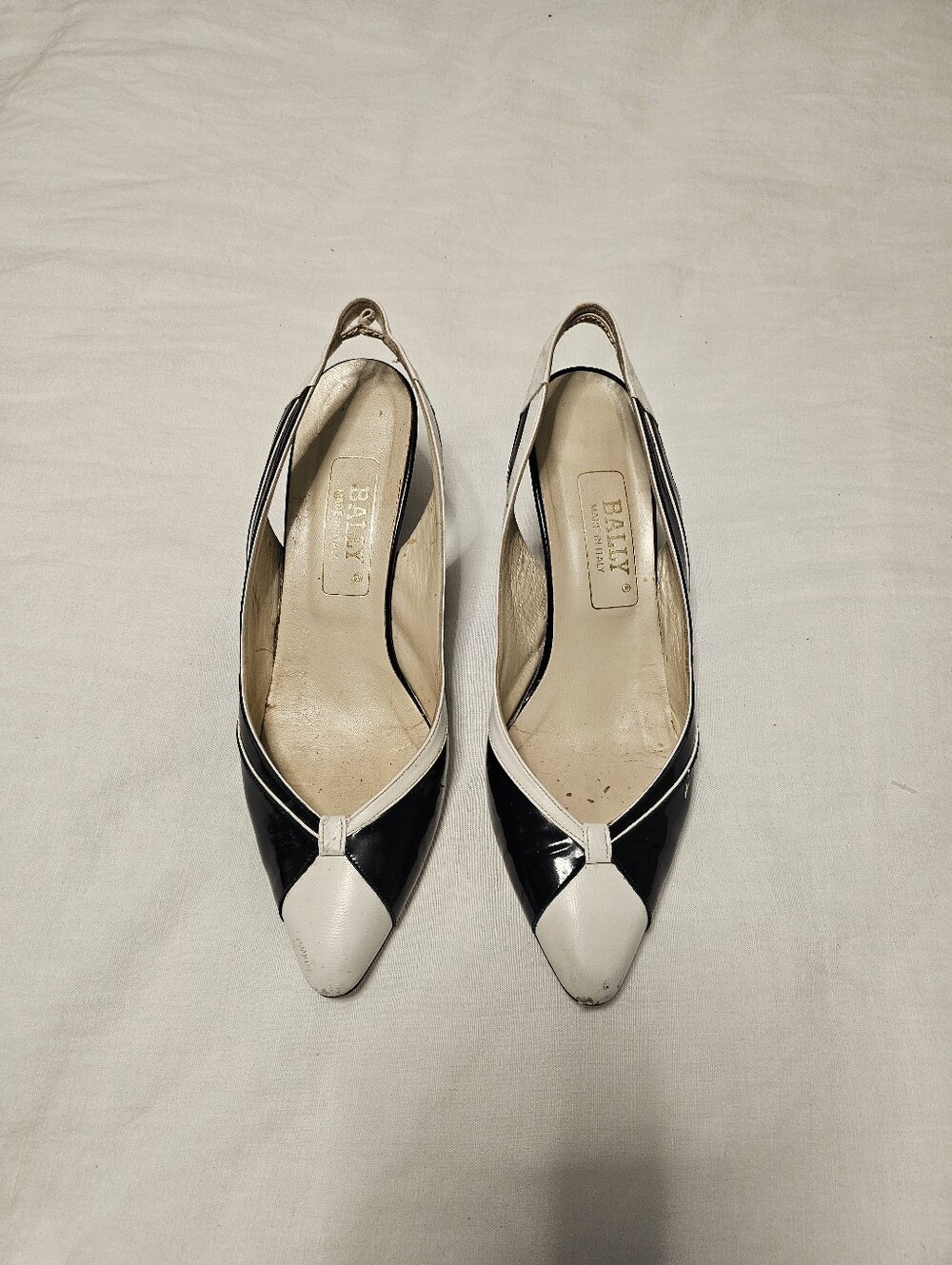 Bally Black & White Pointed Slingback Kitten Heels